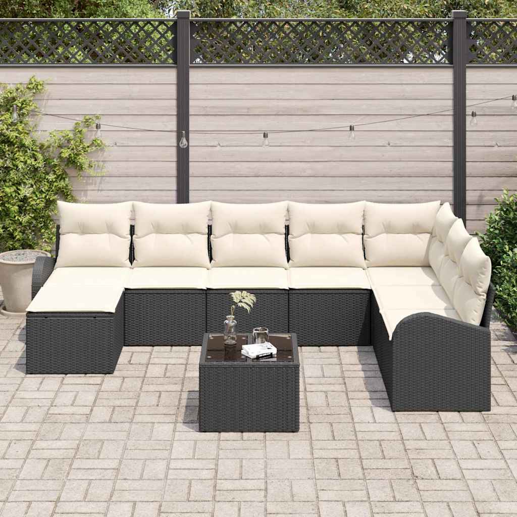 Garten-Sofa-Set mit Kissen 9 pcs Schwarz und Weiß Poly Rattan